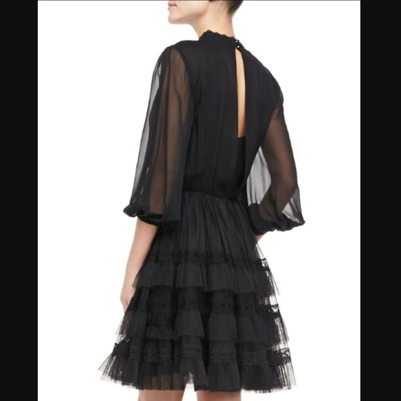Authentic Alice & Olivia SUZE PUFF DRESS Tiered Lace Tulle Silk Dress $895.00 - Picture 3 of 16
